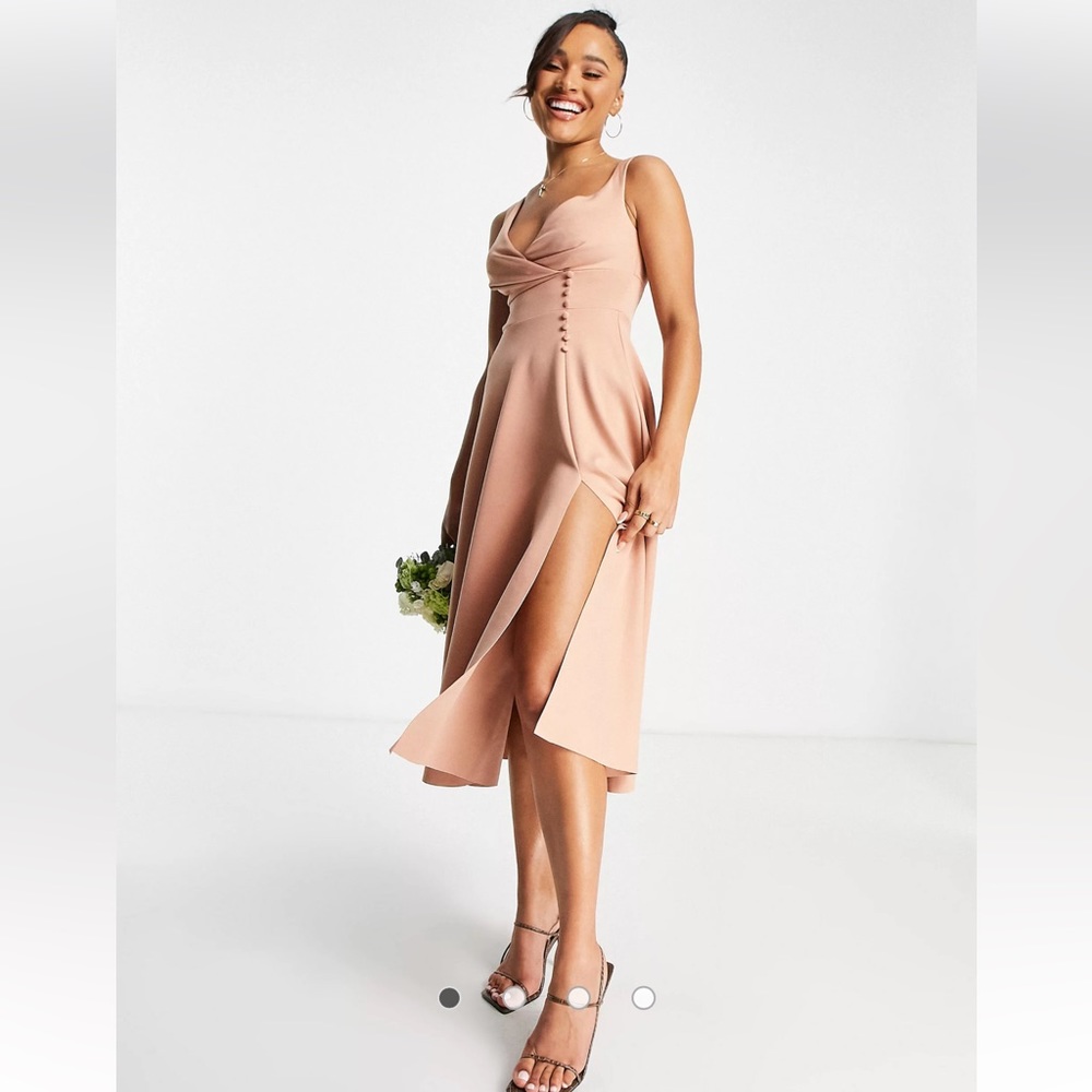 ASOS DESIGN Button Detail Midi Prom Dress in Camel